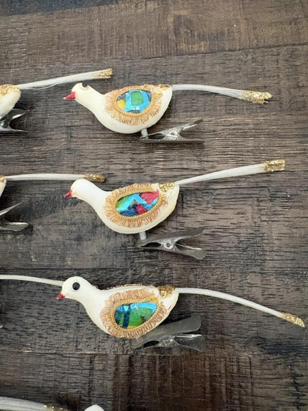 Vintage Birds Dove Christmas Ornaments Flocked Glitter 7.5